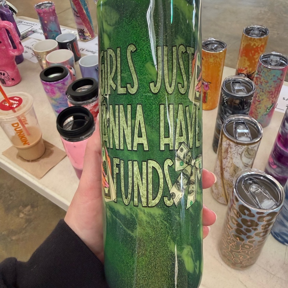 Green Tumbler with Fun Text Glitter Glow in the Dark Handmade